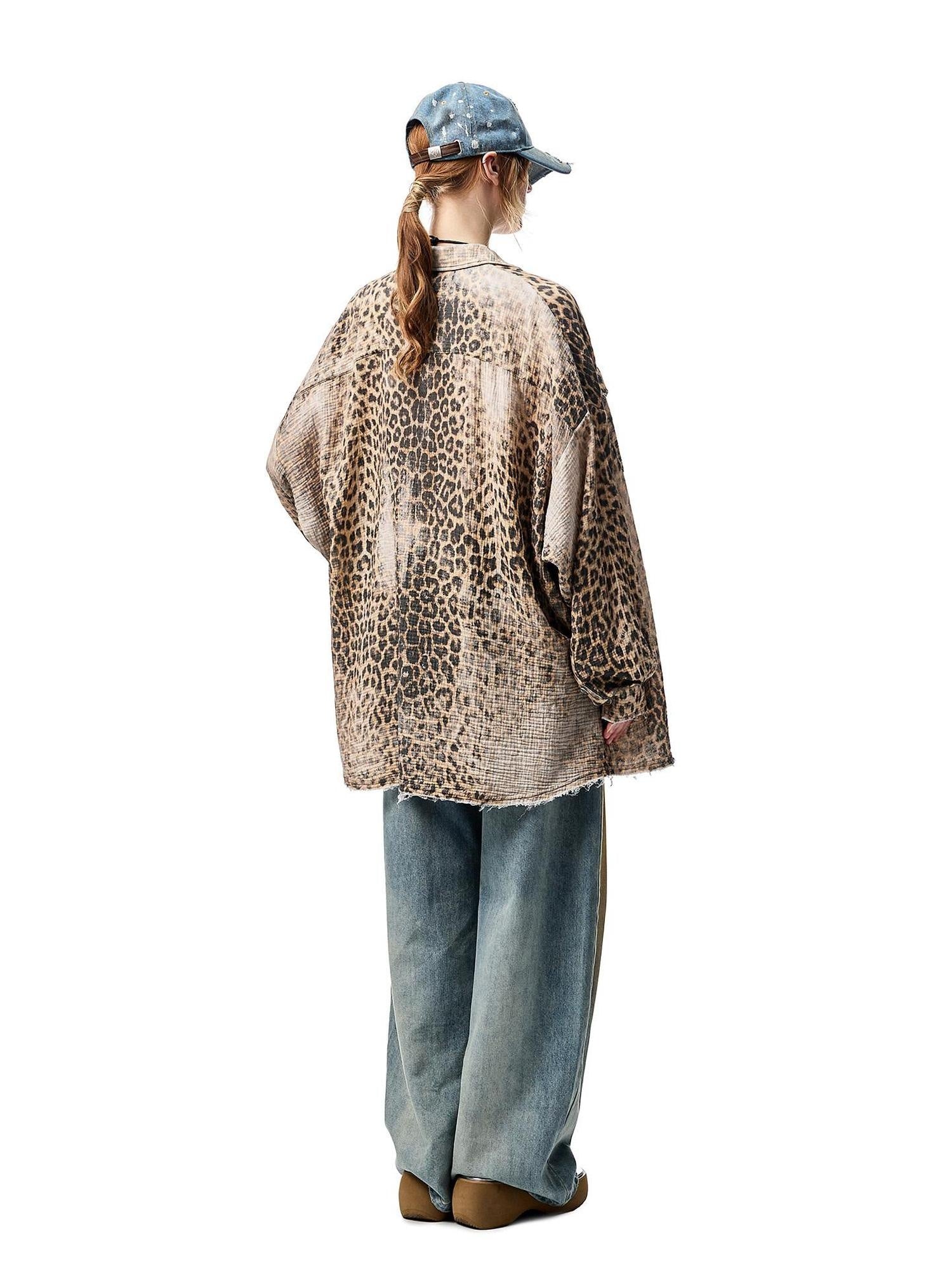 1JINN STUDIO Breathable Cotton Vintage Washed Leopard Loose Fit Lapel Women Button Shackets