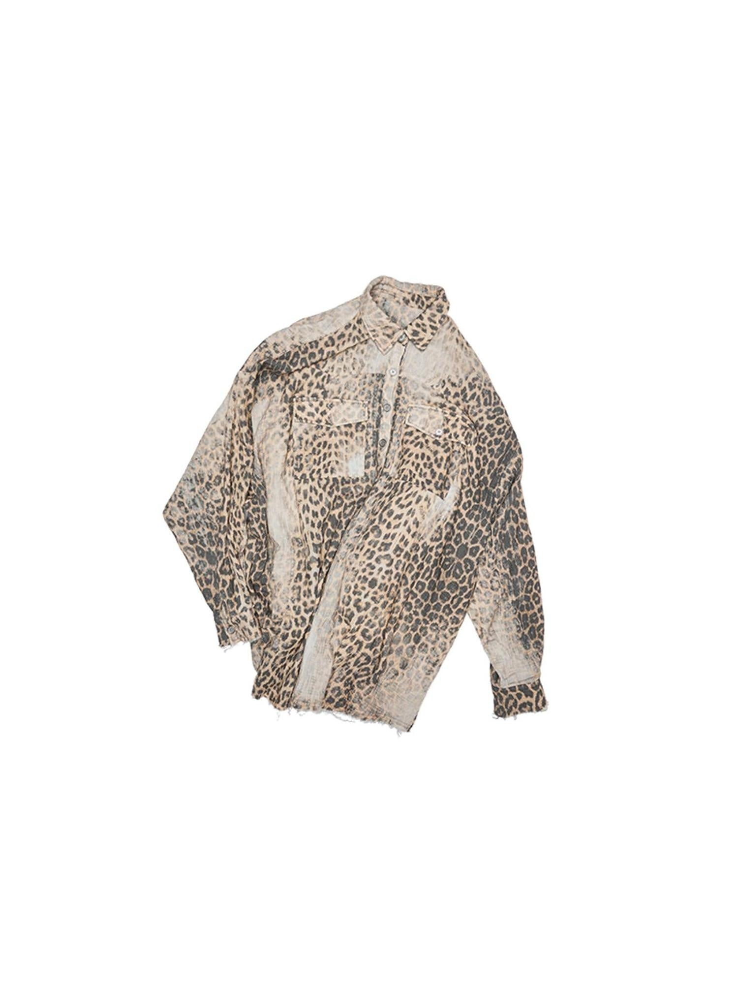 1JINN STUDIO Breathable Cotton Vintage Washed Leopard Loose Fit Lapel Women Button Shackets