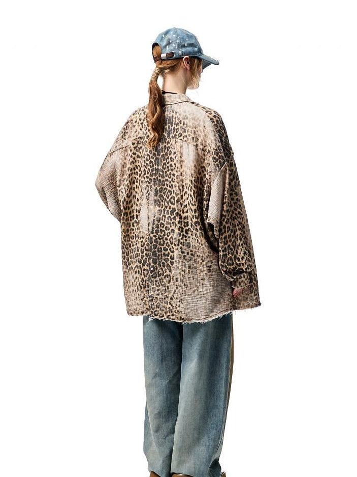 1JINN STUDIO Breathable Cotton Vintage Washed Leopard Loose Fit Lapel Women Button Shackets
