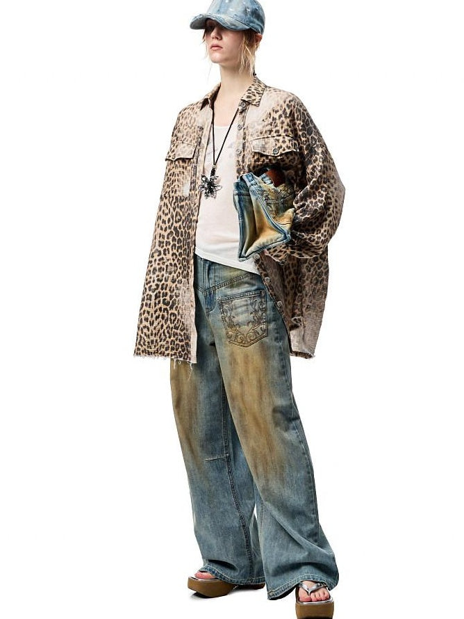 1JINN STUDIO Breathable Cotton Vintage Washed Leopard Loose Fit Lapel Women Button Shackets