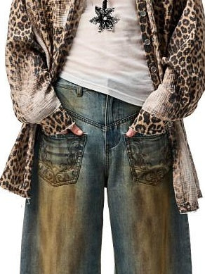 1JINN STUDIO Breathable Cotton Vintage Washed Leopard Loose Fit Lapel Women Button Shackets