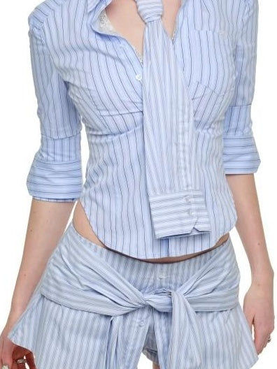 1JINN STUDIO Breathable Lace Patchwork Slim Collared Striped Top & Skirt Sets