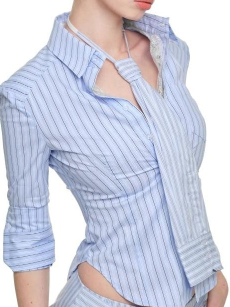 1JINN STUDIO Breathable Lace Patchwork Slim Collared Striped Top & Skirt Sets