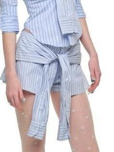 1JINN STUDIO Breathable Lace Patchwork Slim Collared Striped Top & Skirt Sets