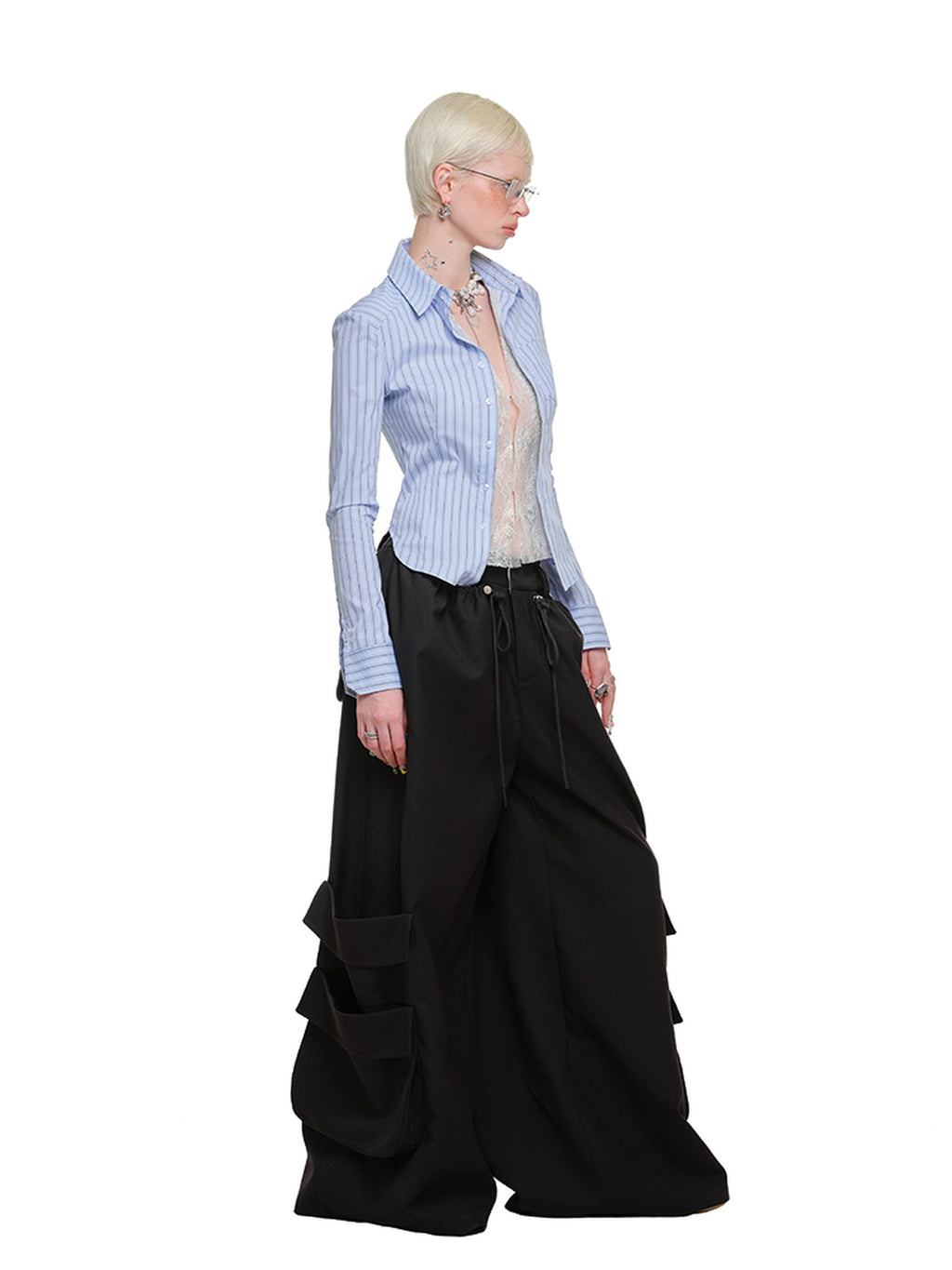 1JINN STUDIO Breathable Lace Patchwork Slim Collared Striped Top & Skirt Sets