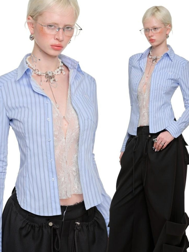 1JINN STUDIO Breathable Lace Patchwork Slim Collared Striped Top & Skirt Sets