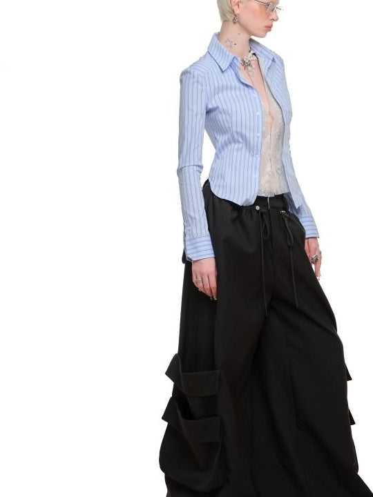1JINN STUDIO Breathable Lace Patchwork Slim Collared Striped Top & Skirt Sets