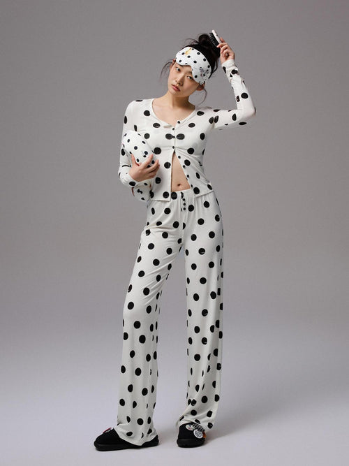 1JINN STUDIO Breathable Polka Dot Colorblock Cardigan Long Sleeve Home Women Top & Pants Sets