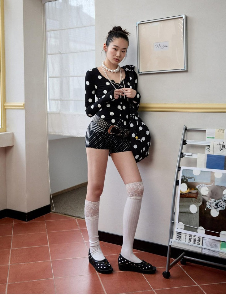 1JINN STUDIO Breathable Polka Dot Colorblock Cardigan Long Sleeve Home Women Top & Pants Sets