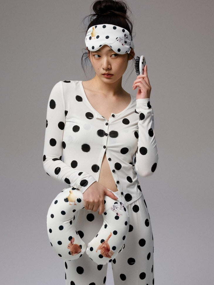 1JINN STUDIO Breathable Polka Dot Colorblock Cardigan Long Sleeve Home Women Top & Pants Sets