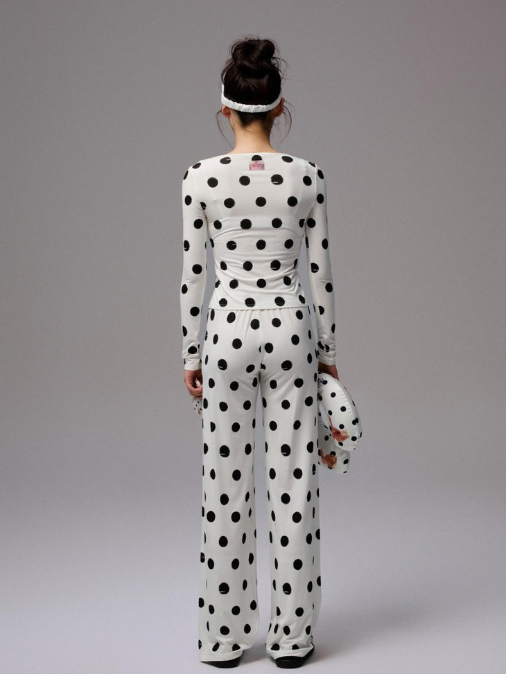 1JINN STUDIO Breathable Polka Dot Colorblock Cardigan Long Sleeve Home Women Top & Pants Sets