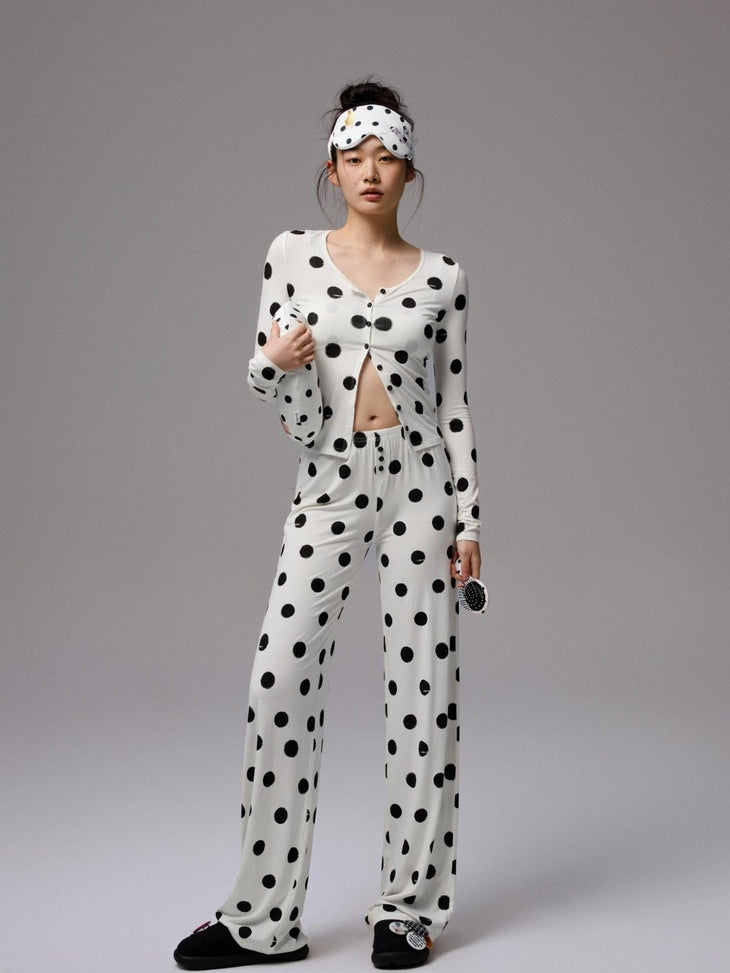 1JINN STUDIO Breathable Polka Dot Colorblock Cardigan Long Sleeve Home Women Top & Pants Sets