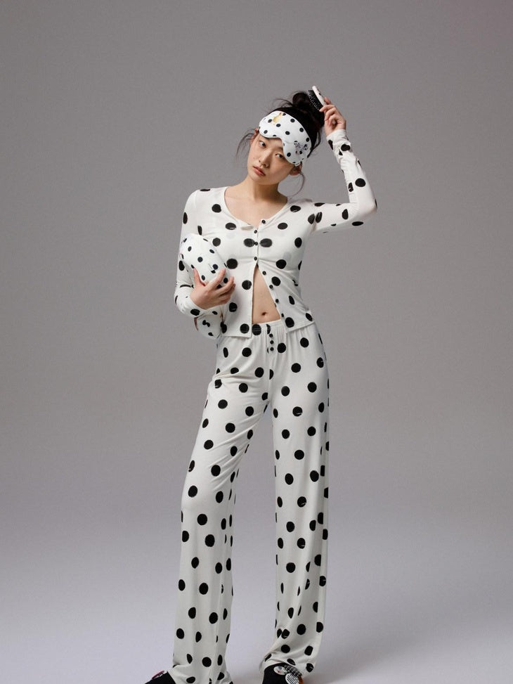 1JINN STUDIO Breathable Polka Dot Colorblock Cardigan Long Sleeve Home Women Top & Pants Sets