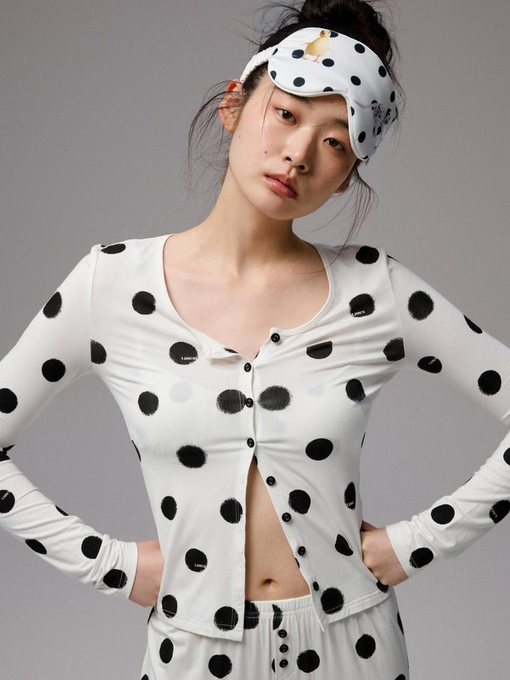 1JINN STUDIO Breathable Polka Dot Colorblock Cardigan Long Sleeve Home Women Top & Pants Sets