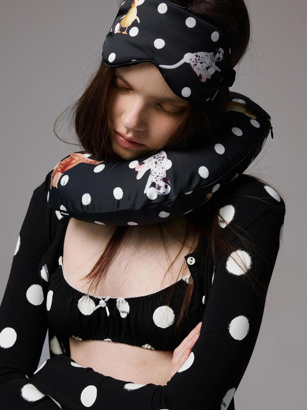 1JINN STUDIO Breathable Polka Dot Colorblock Cardigan Long Sleeve Home Women Top & Pants Sets