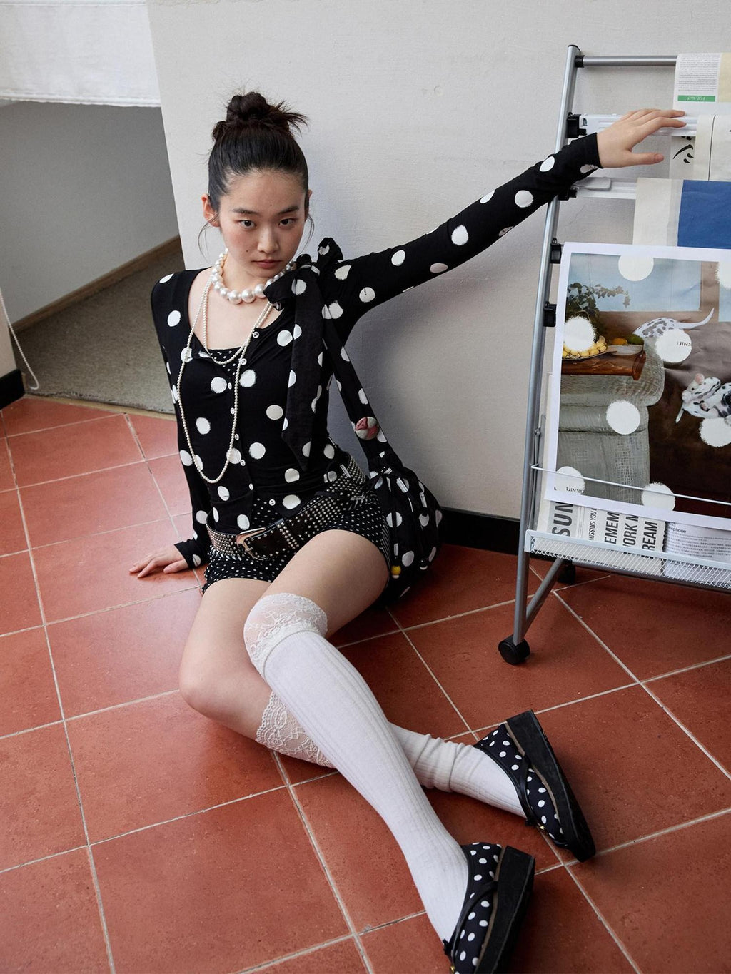 1JINN STUDIO Breathable Polka Dot Colorblock Cardigan Long Sleeve Home Women Top & Pants Sets
