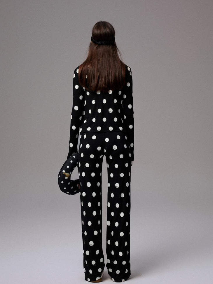 1JINN STUDIO Breathable Polka Dot Colorblock Cardigan Long Sleeve Home Women Top & Pants Sets