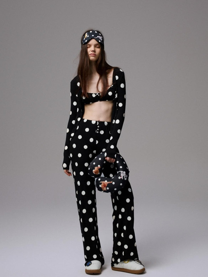 1JINN STUDIO Breathable Polka Dot Colorblock Cardigan Long Sleeve Home Women Top & Pants Sets