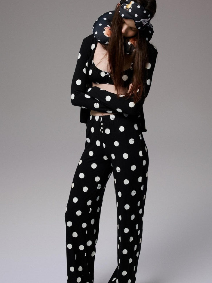 1JINN STUDIO Breathable Polka Dot Colorblock Cardigan Long Sleeve Home Women Top & Pants Sets