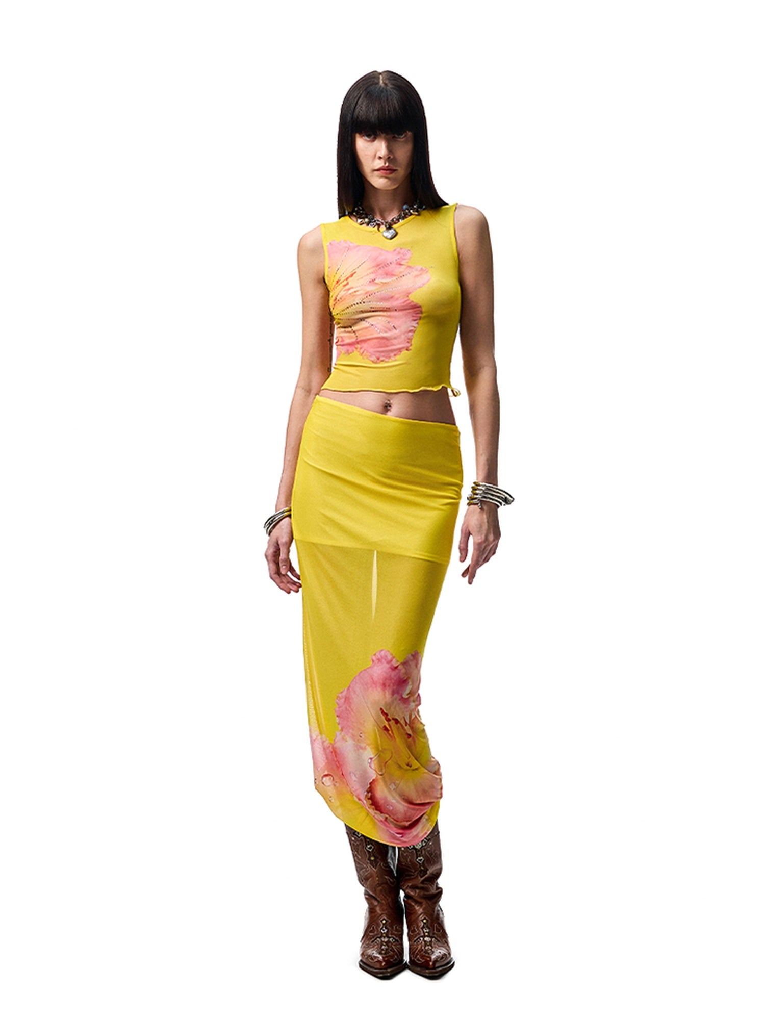 1JINN STUDIO Breathable Polyester Floral Round Neck Pullover Women Top & Skirt Sets