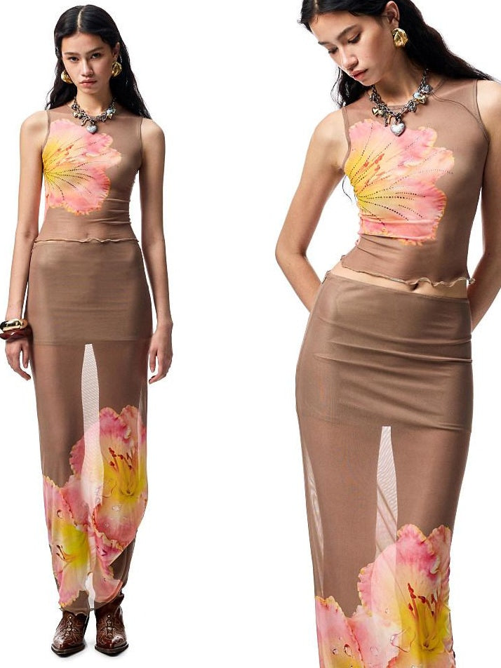 1JINN STUDIO Breathable Polyester Floral Round Neck Pullover Women Top & Skirt Sets
