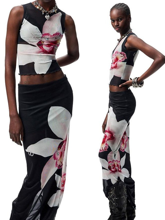 1JINN STUDIO Breathable Polyester Floral Round Neck Pullover Women Top & Skirt Sets