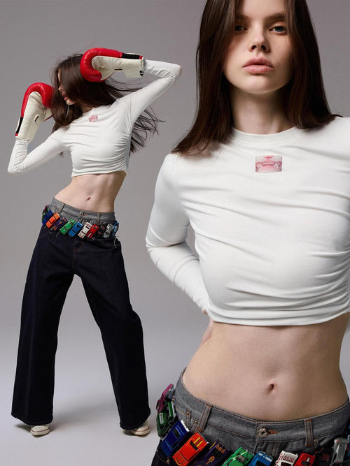 1JINN STUDIO Breathable Slim Fit Patchwork Cross Print Women Crew Neck Long Sleeve T-Shirts