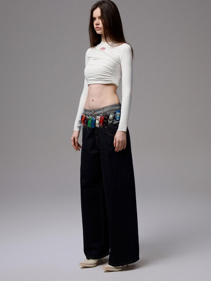 1JINN STUDIO Breathable Slim Fit Patchwork Cross Print Women Crew Neck Long Sleeve T-Shirts