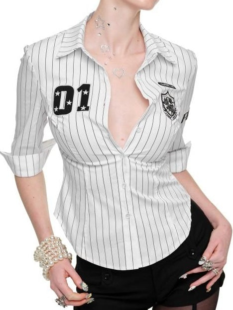 1JINN STUDIO Breathable Soft Slim Long Sleeve Collared Women Black White Striped Shirts