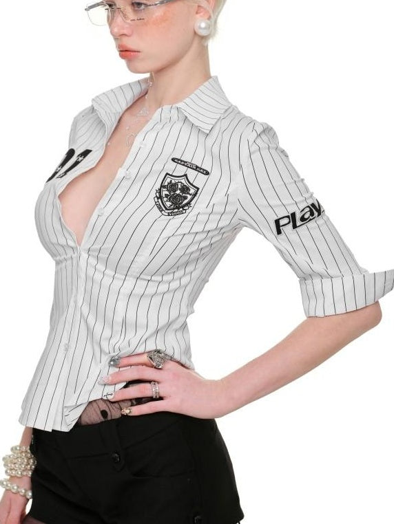 1JINN STUDIO Breathable Soft Slim Long Sleeve Collared Women Black White Striped Shirts