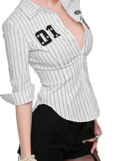 1JINN STUDIO Breathable Soft Slim Long Sleeve Collared Women Black White Striped Shirts