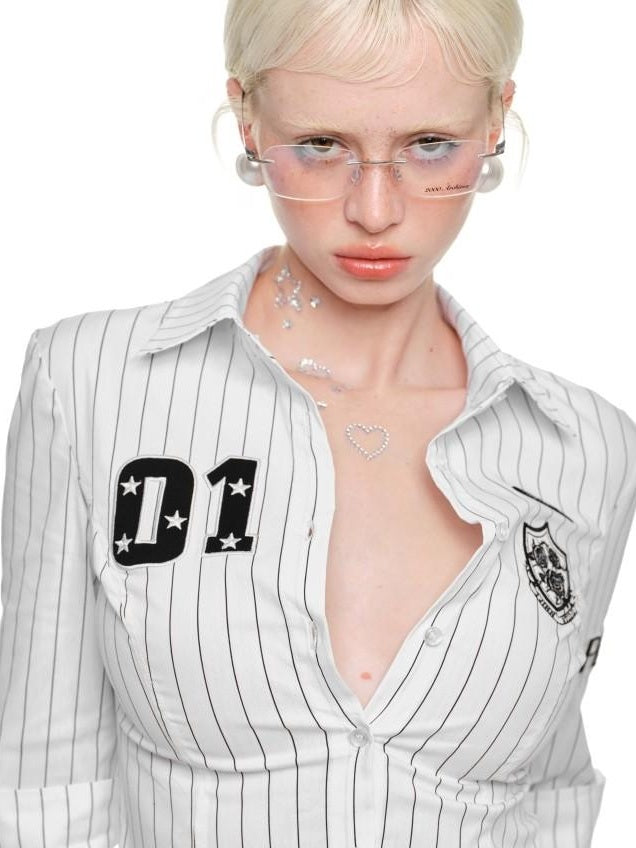 1JINN STUDIO Breathable Soft Slim Long Sleeve Collared Women Black White Striped Shirts