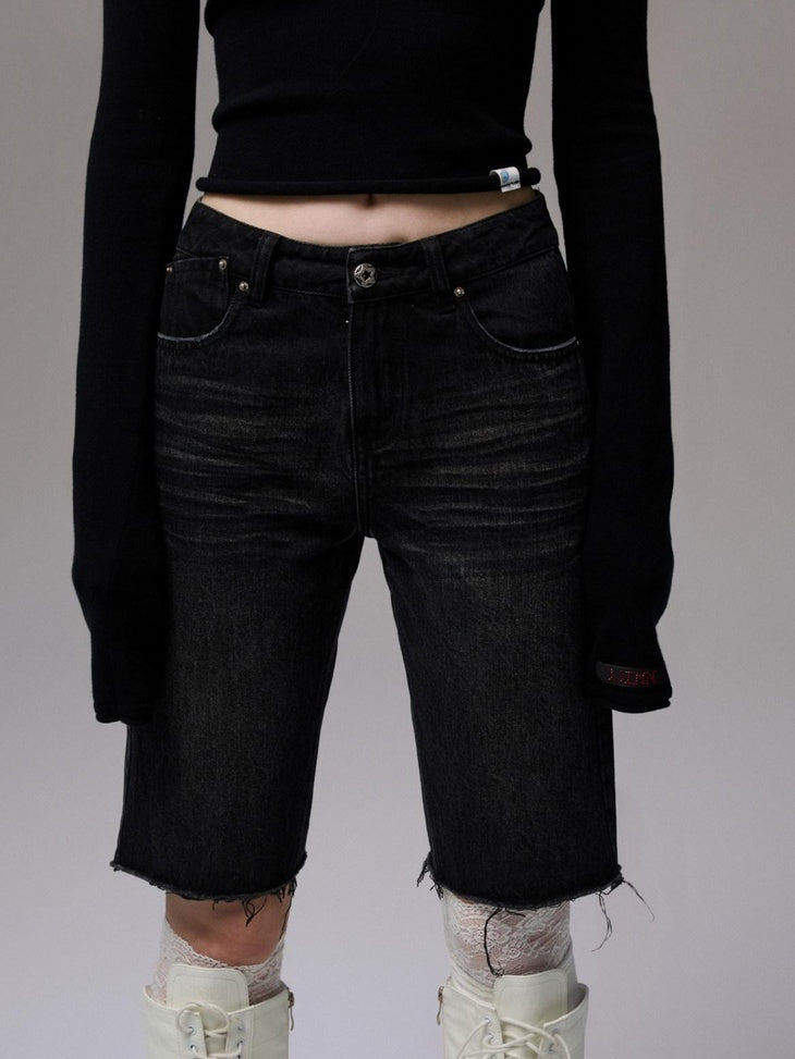1JINN STUDIO Butt Lifting Low Waist Distressed Skinny Cotton Women Mid-Length Shorts