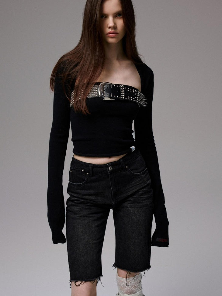 1JINN STUDIO Butt Lifting Low Waist Distressed Skinny Cotton Women Mid-Length Shorts
