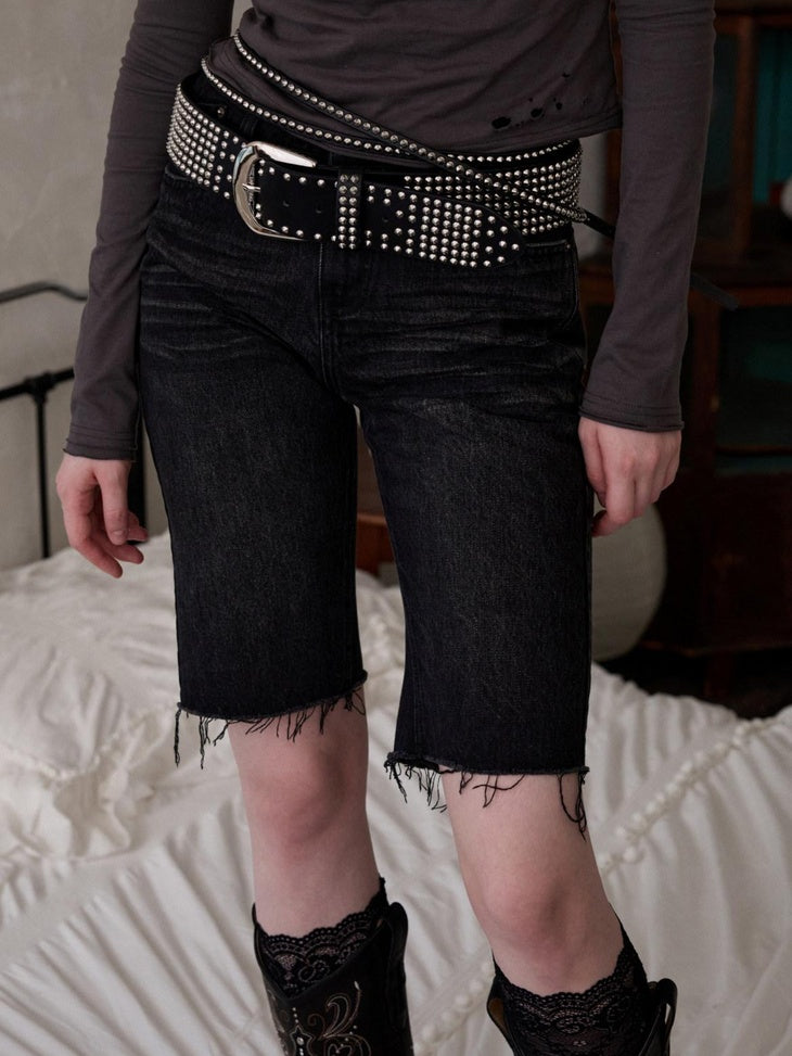 1JINN STUDIO Butt Lifting Low Waist Distressed Skinny Cotton Women Mid-Length Shorts