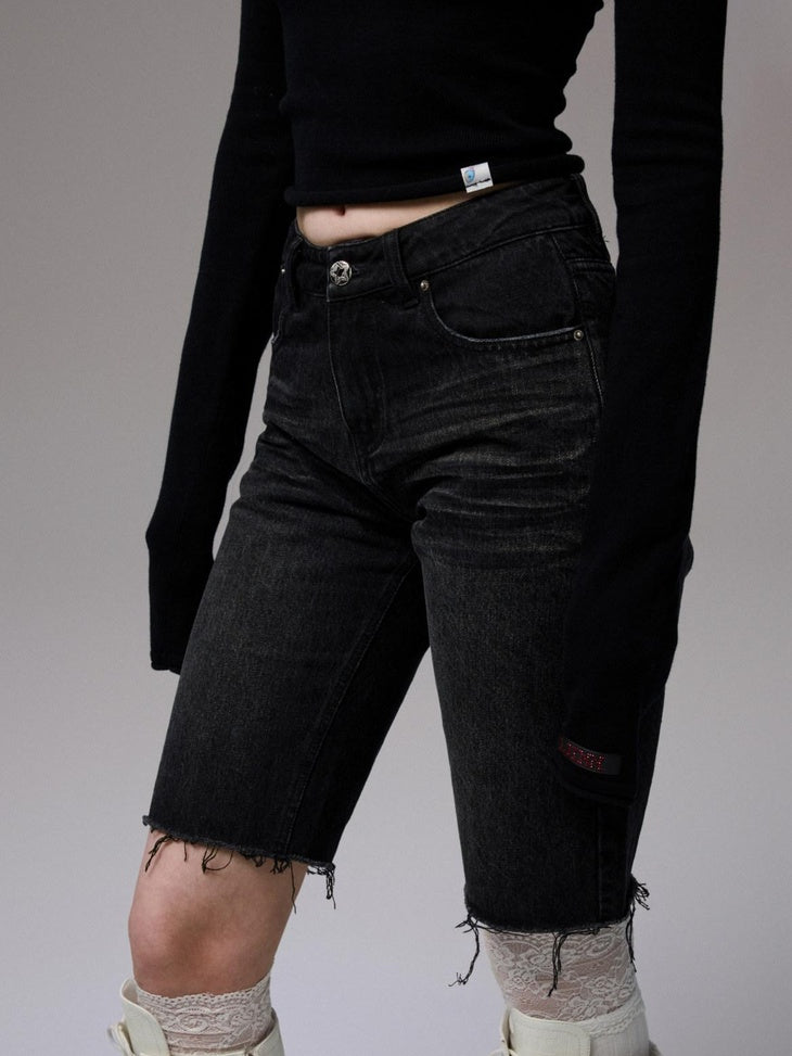 1JINN STUDIO Butt Lifting Low Waist Distressed Skinny Cotton Women Mid-Length Shorts