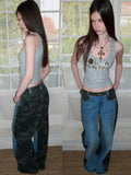 Camo Patchwork Low Rise Button Fly Casual Women Regenerated Wide Leg Jeans
