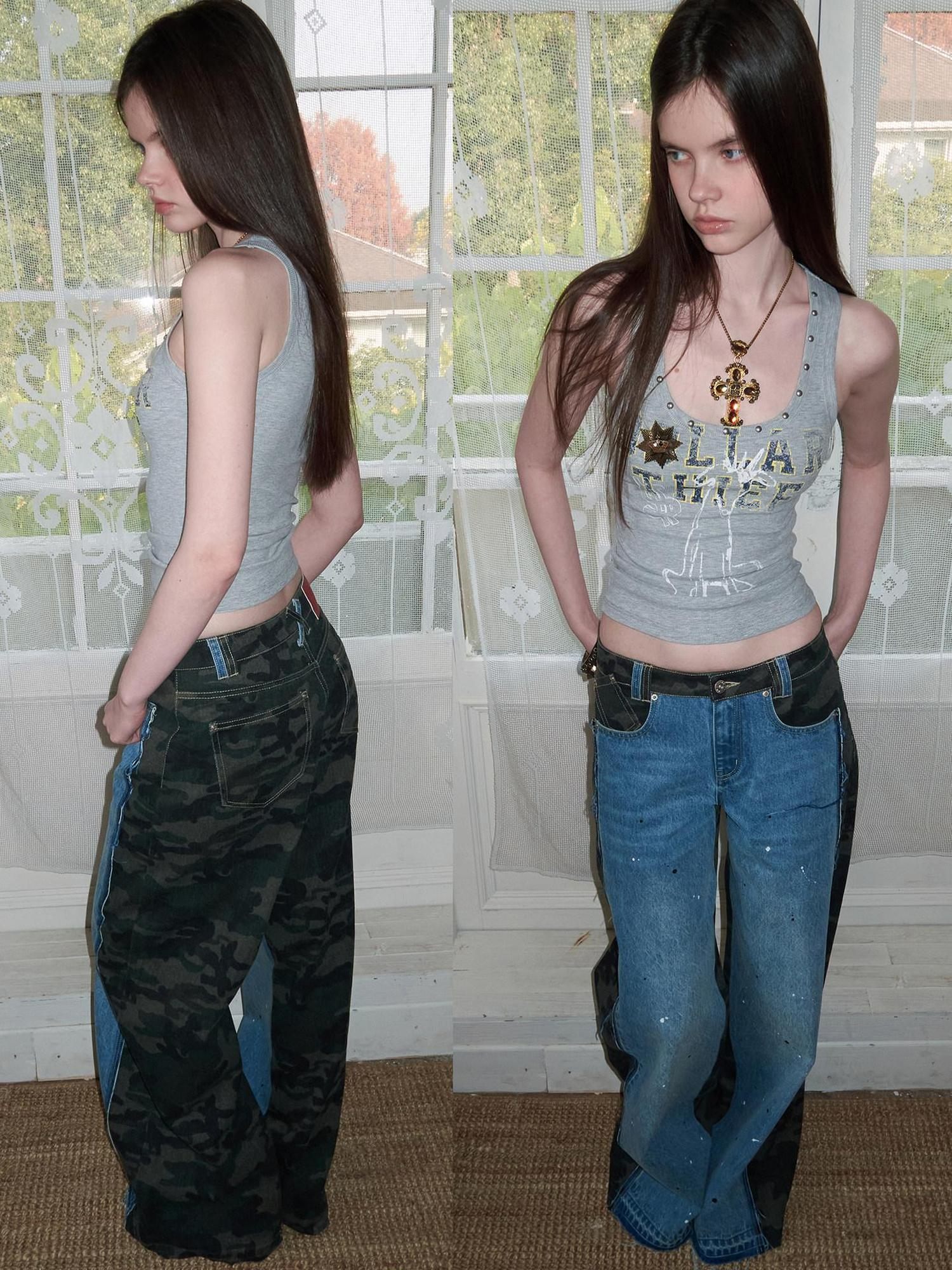Camo Patchwork Low Rise Button Fly Casual Women Regenerated Wide Leg Jeans