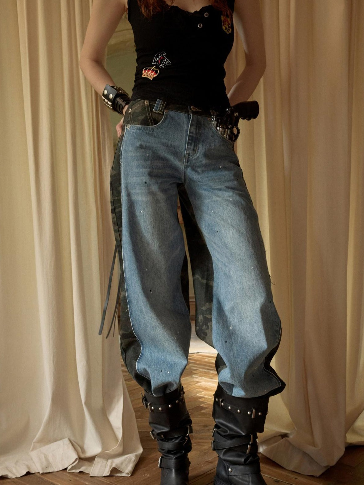 Camo Patchwork Low Rise Button Fly Casual Women Regenerated Wide Leg Jeans