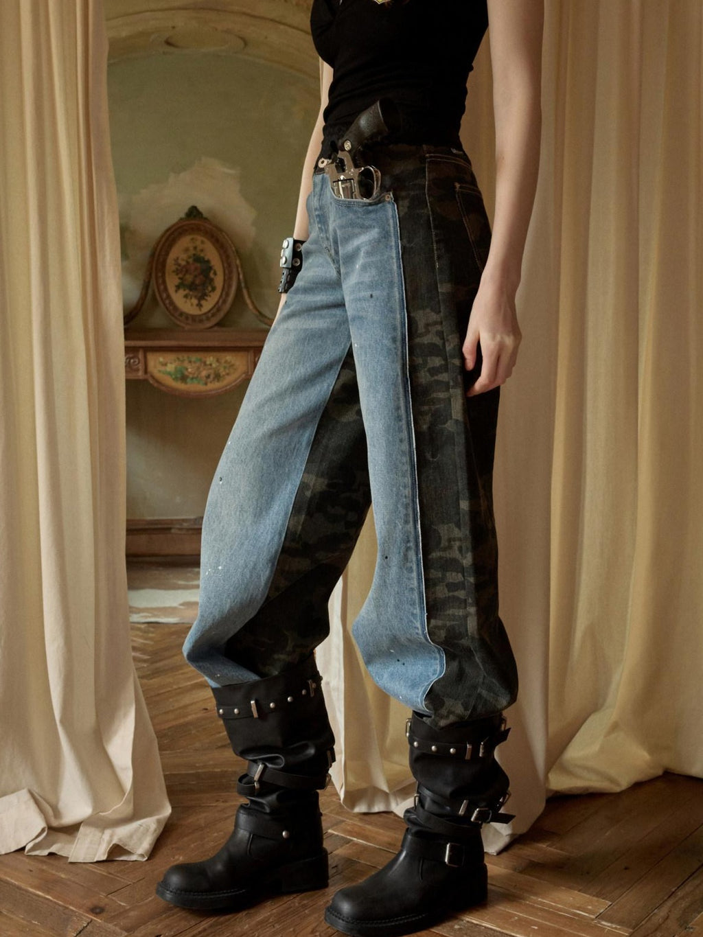 Camo Patchwork Low Rise Button Fly Casual Women Regenerated Wide Leg Jeans