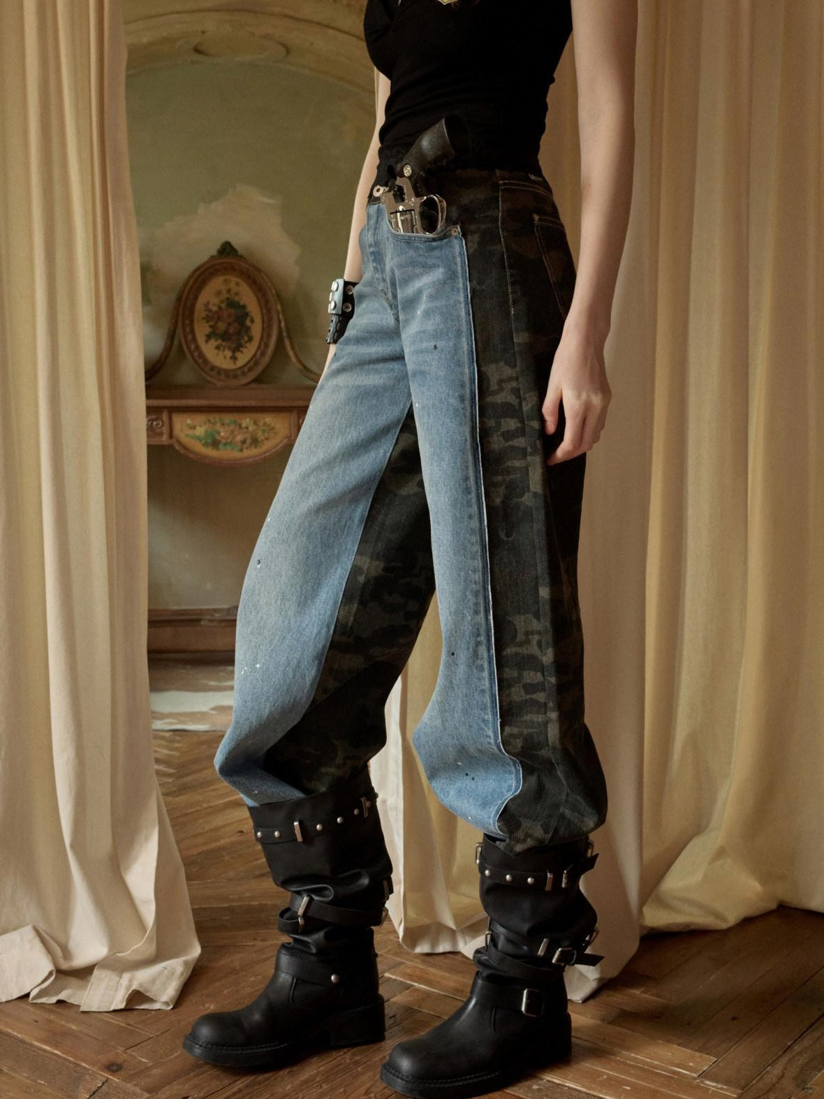1JINN STUDIO Camo Patchwork Low Rise Button Fly Casual Women Regenerated Wide Leg Jeans