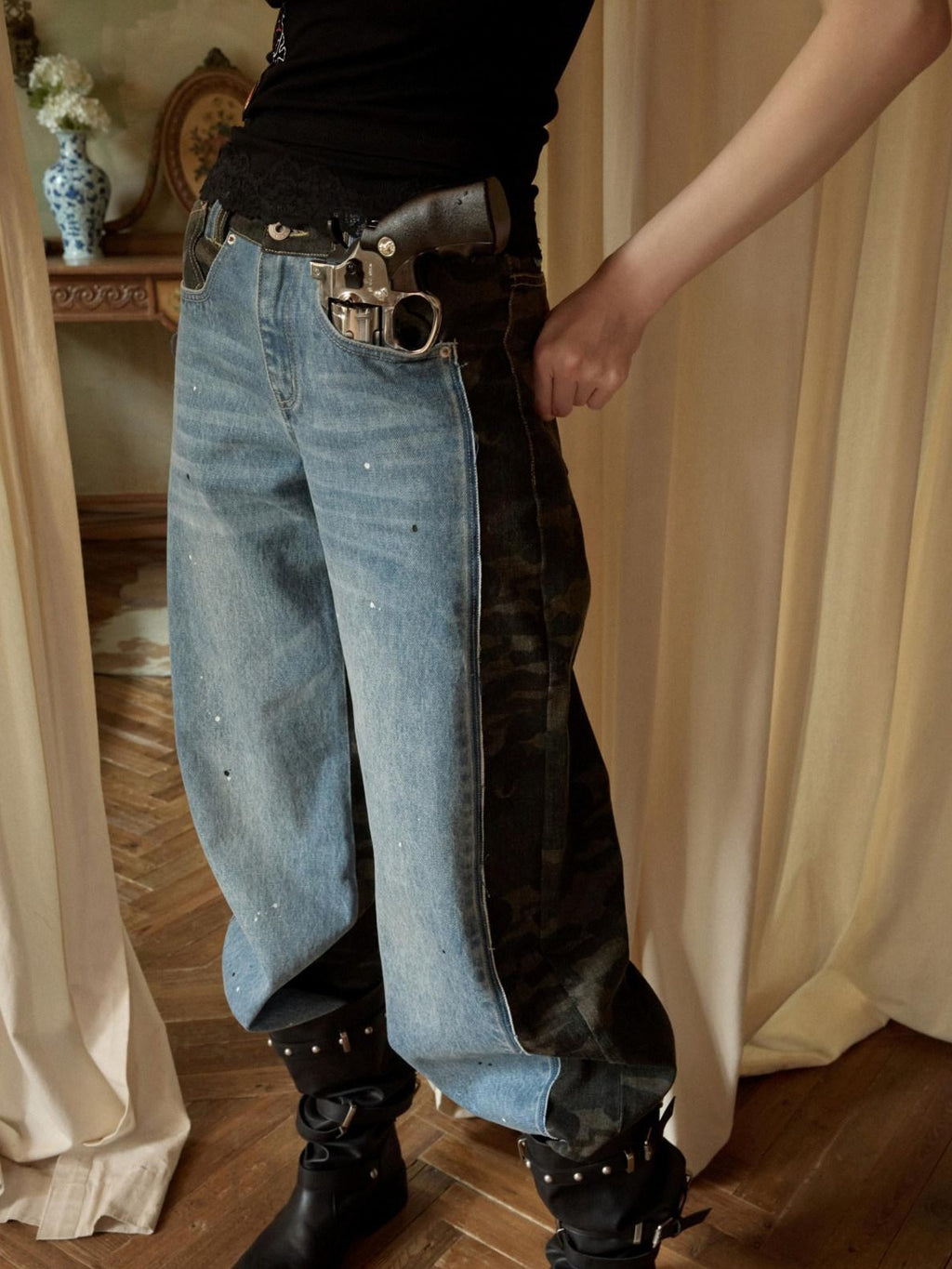 1JINN STUDIO Camo Patchwork Low Rise Button Fly Casual Women Regenerated Wide Leg Jeans