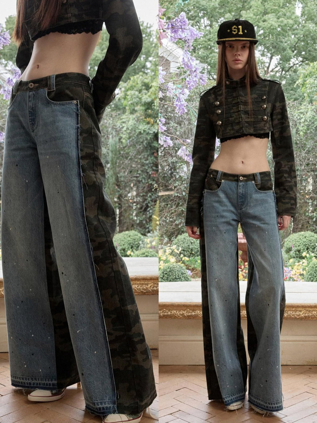 1JINN STUDIO Camo Patchwork Low Rise Button Fly Casual Women Regenerated Wide Leg Jeans