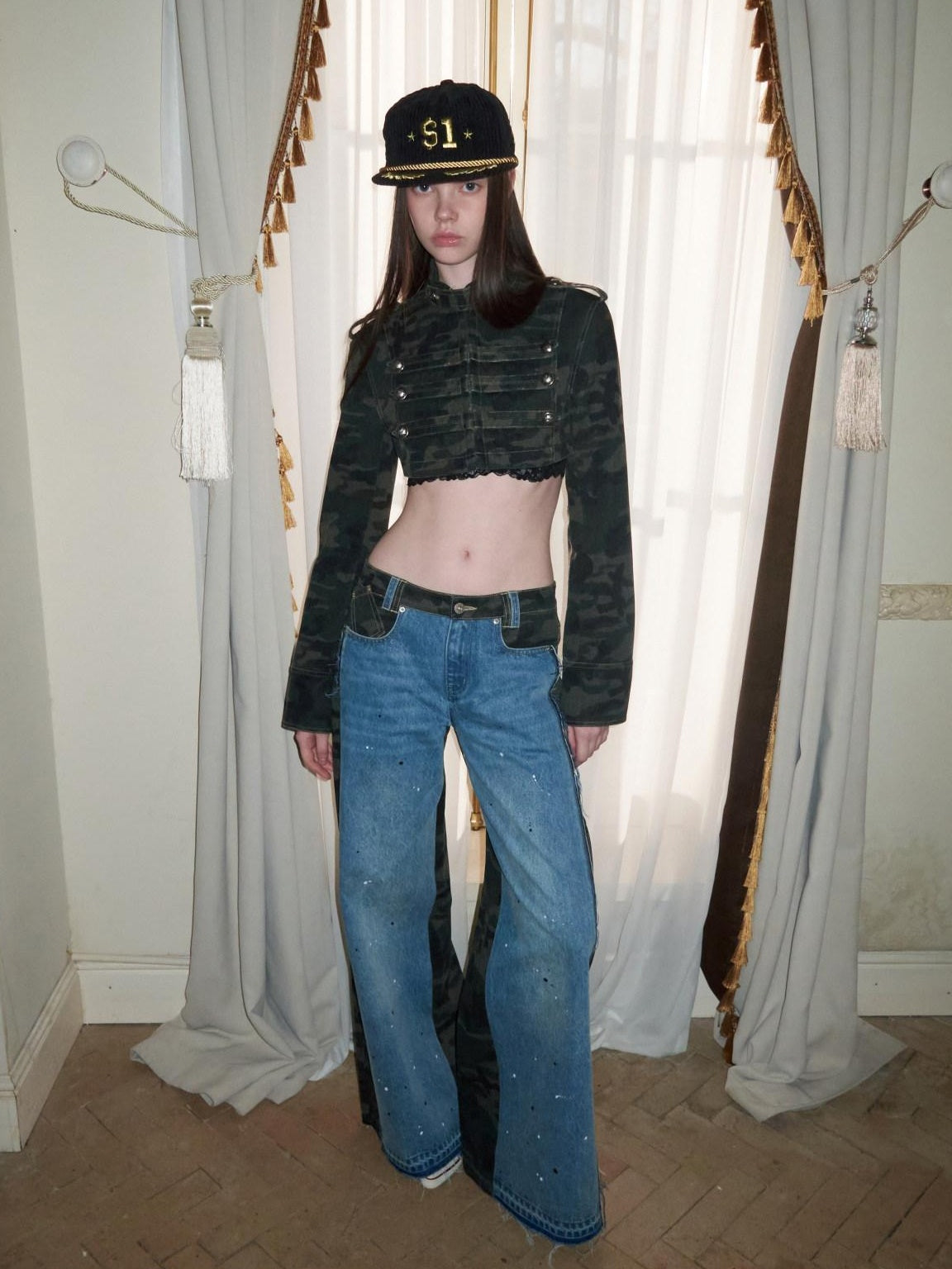 Camo Patchwork Low Rise Button Fly Casual Women Regenerated Wide Leg Jeans