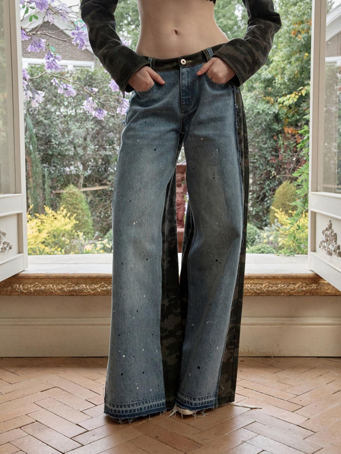 Camo Patchwork Low Rise Button Fly Casual Women Regenerated Wide Leg Jeans
