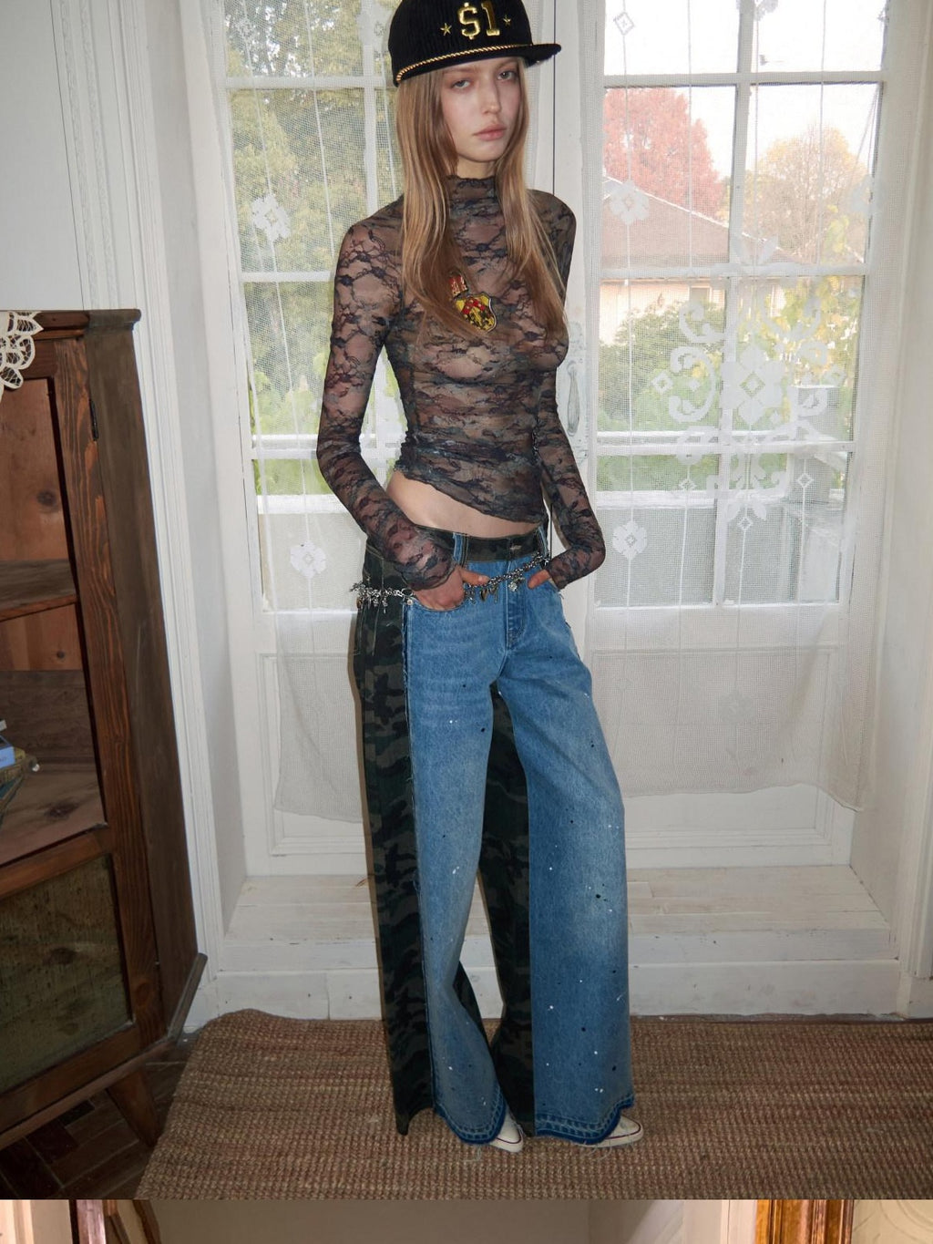 Camo Patchwork Low Rise Button Fly Casual Women Regenerated Wide Leg Jeans