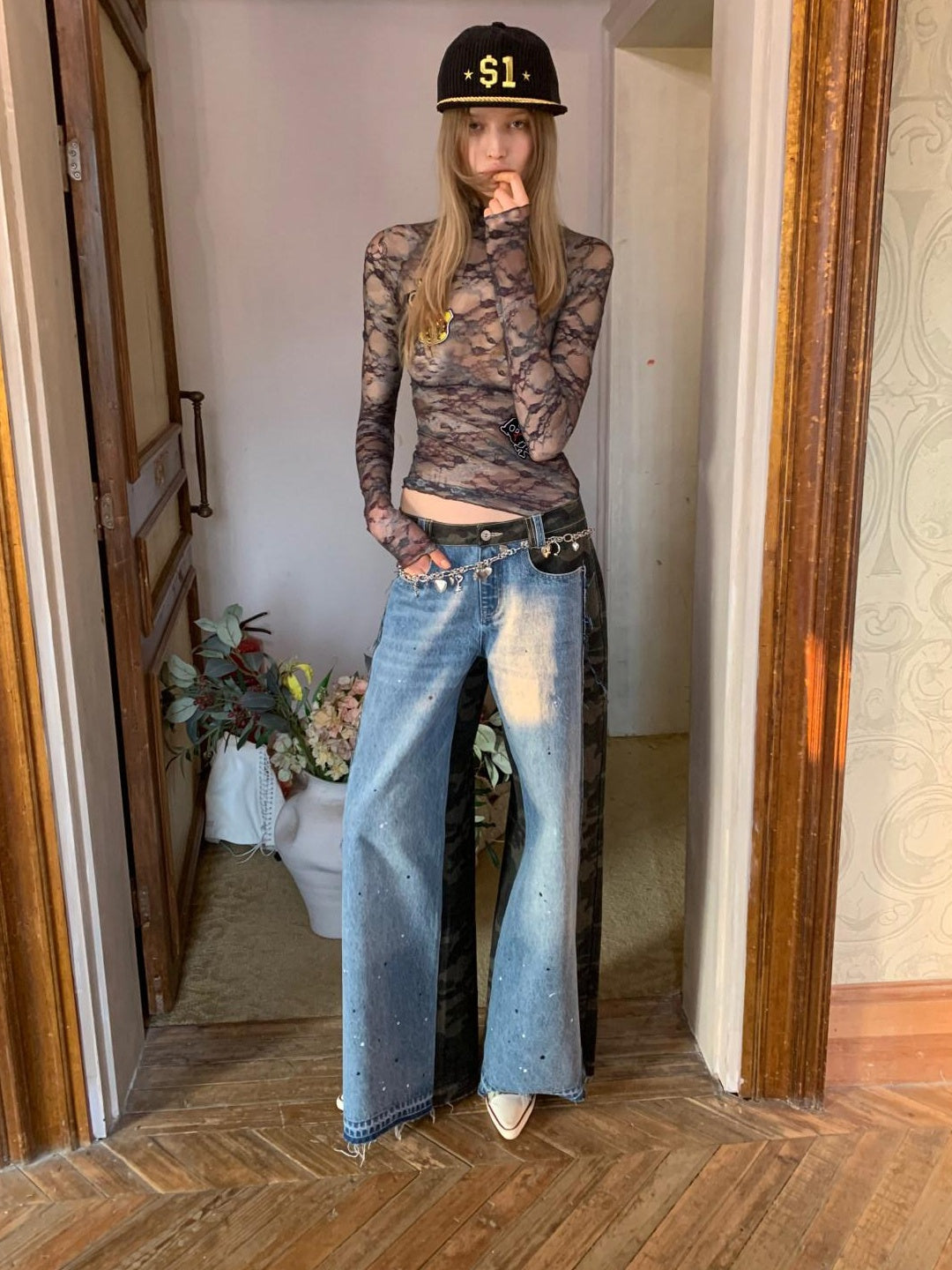 1JINN STUDIO Camo Patchwork Low Rise Button Fly Casual Women Regenerated Wide Leg Jeans