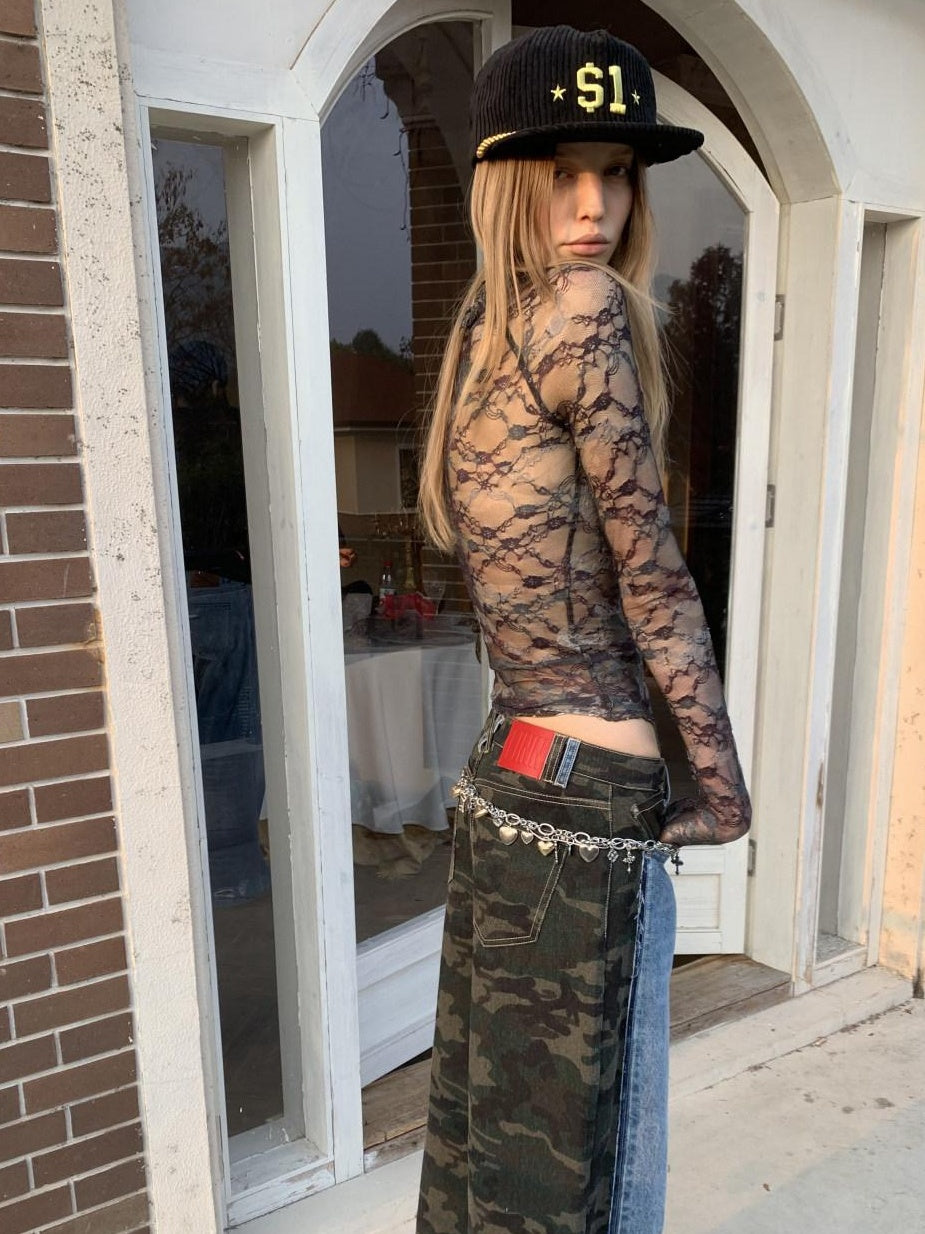 Camo Patchwork Low Rise Button Fly Casual Women Regenerated Wide Leg Jeans