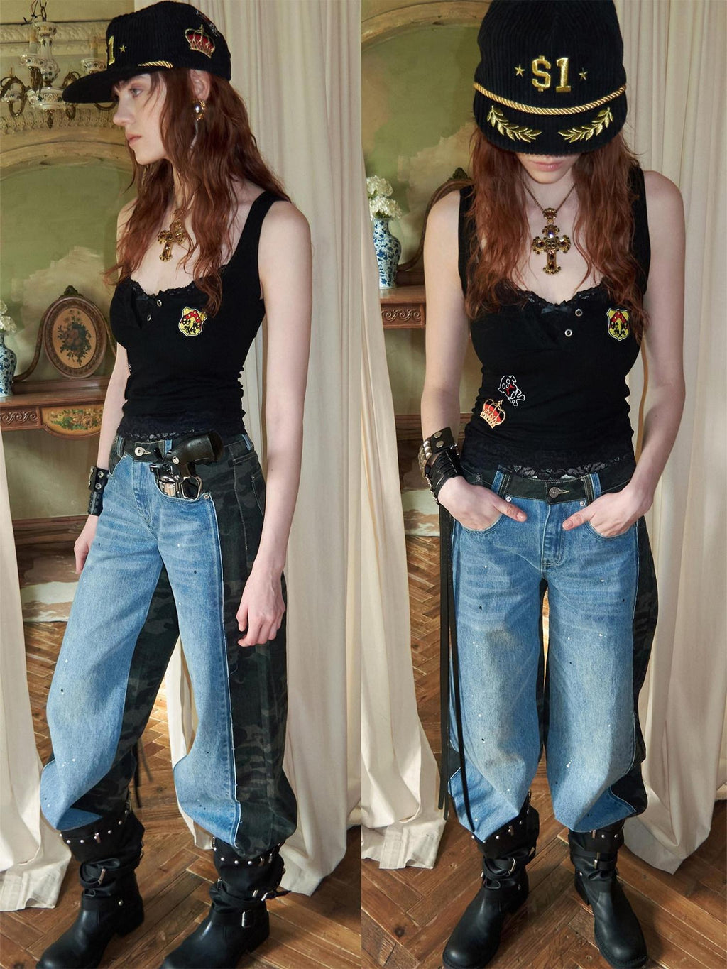 1JINN STUDIO Camo Patchwork Low Rise Button Fly Casual Women Regenerated Wide Leg Jeans