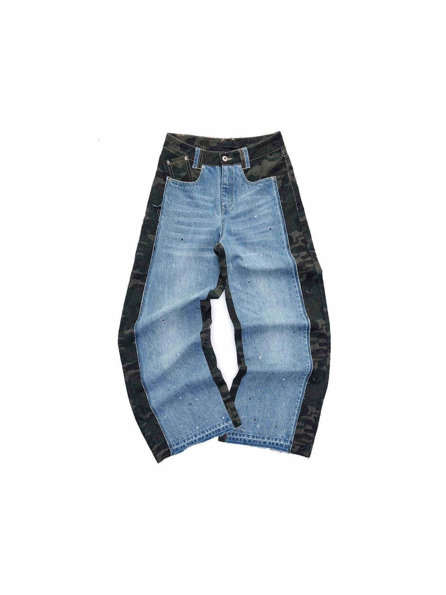 Camo Patchwork Low Rise Button Fly Casual Women Regenerated Wide Leg Jeans